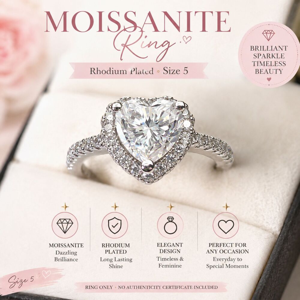 ✨ Rhodium Plated Heart Moissanite Ring – Size 5 ✨